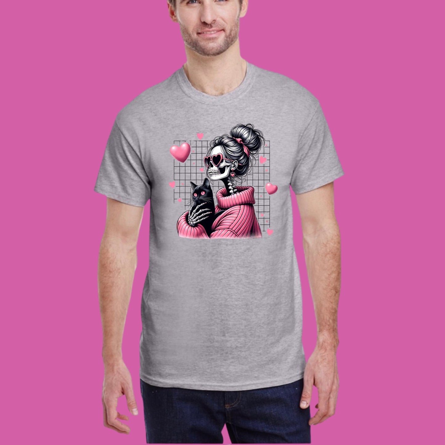 Pink Skelly Girl and Black Cat